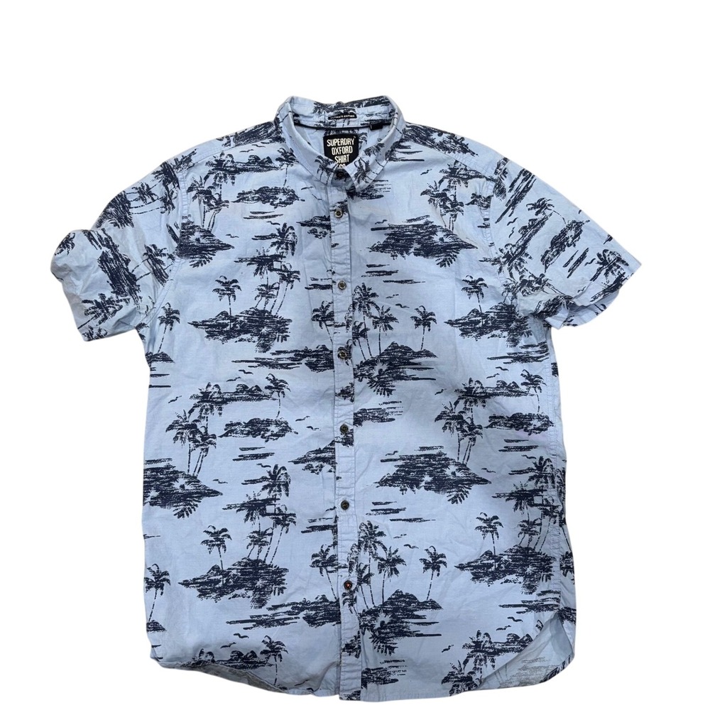 Superdry Oxford Shirt Mens‎ LARGE. Palm Tree Print Short Sleeve Button Up